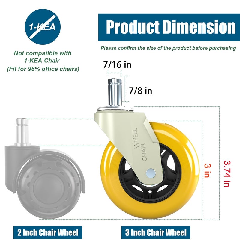 TESUMI Yellow Office Chair Wheels 3 Inch Roller Blade Rubber Wheels Caster Replacement, 11mm Universal Fit Stem Heavy Duty Computer Gaming Desk Chair Caster Wheels for Variouus Floor - Set of 5 - Image 3